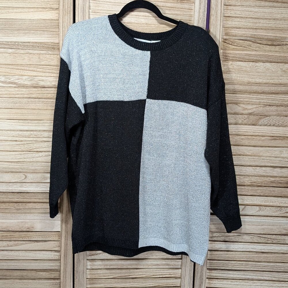 Shenanigans Colorblock Sweater Black/Silver  Acrylic/Metallic VINTAGE Large